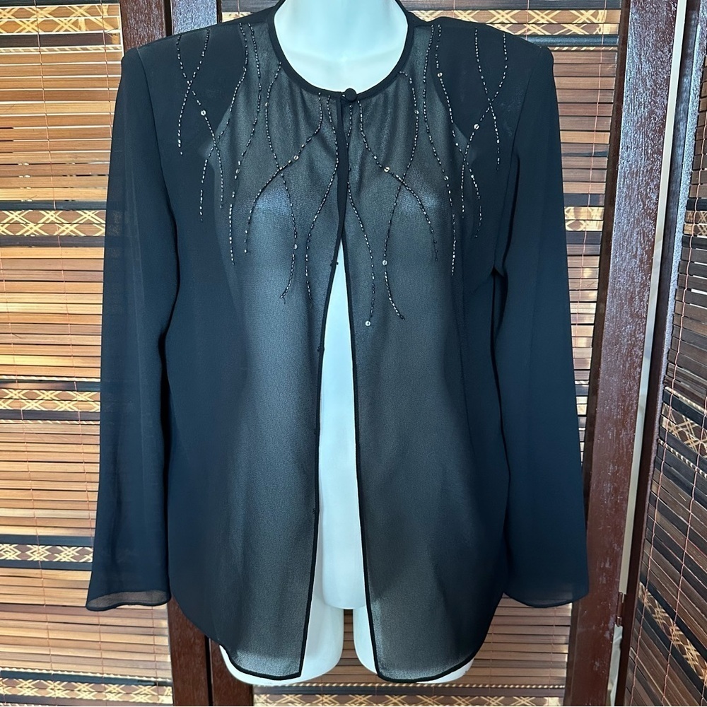 Adrianna Papell Evening Essentials Vintage Black Sheer Beaded Sequin Jacket Top